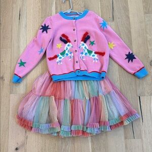 Mini Boden Pink Unicorn Cardigan and Pastel Tulle Skirt Set